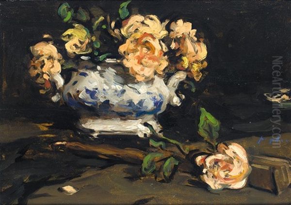 Still Life With Roses In A Blue And White Vase (+ A River Landscape, Verso) Oil Painting by Samuel John Peploe