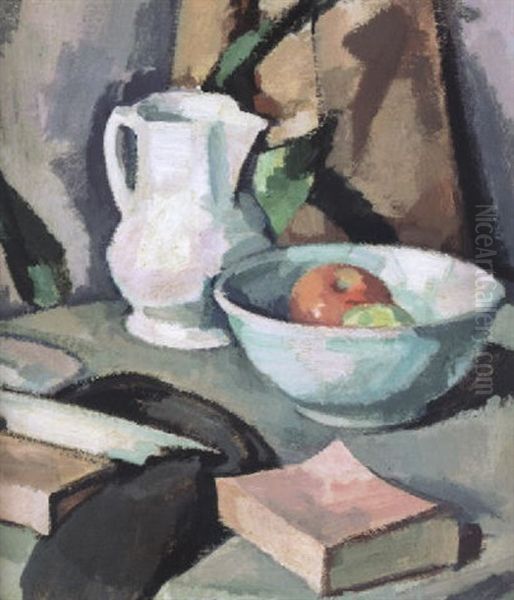 Still Life With A Jug And A Bowl Of Apples (still Life Apples And A White Rose In An Oriental Vase) Oil Painting by Samuel John Peploe