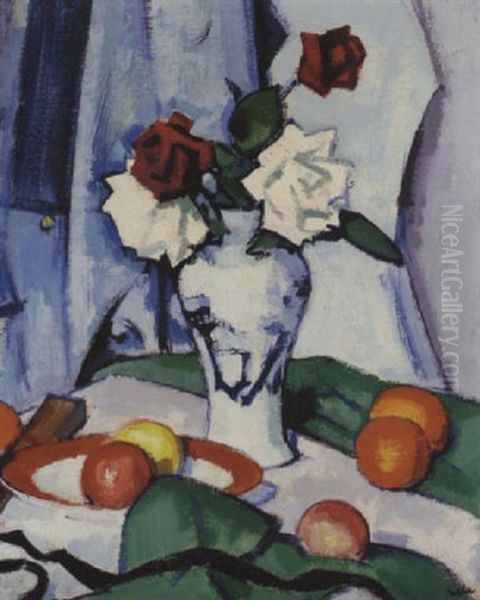 Red And White Roses In A Chinese Vase With Green And White Drapery Oil Painting by Samuel John Peploe