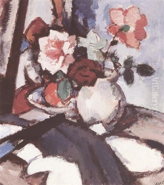 Red Roses And Fan Oil Painting by Samuel John Peploe