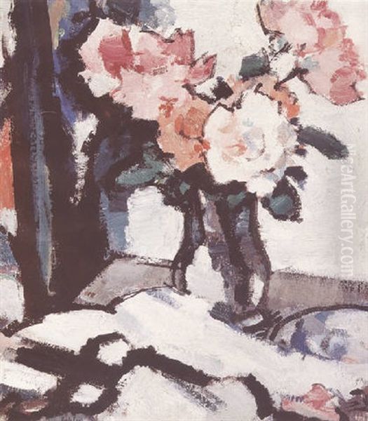 Still Life With A Vase Of Roses Oil Painting by Samuel John Peploe