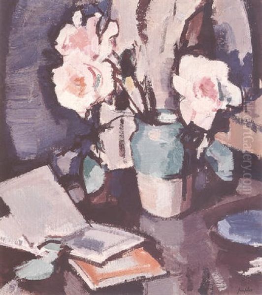 Pink Roses And Books Oil Painting by Samuel John Peploe