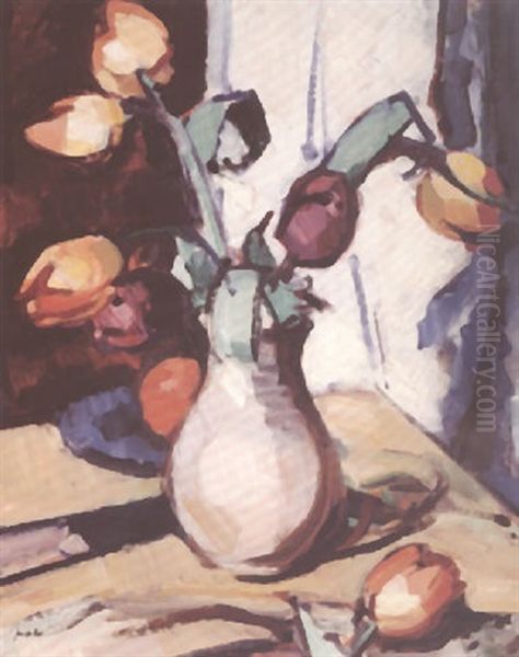 Tulips In A Brown Vase Oil Painting by Samuel John Peploe