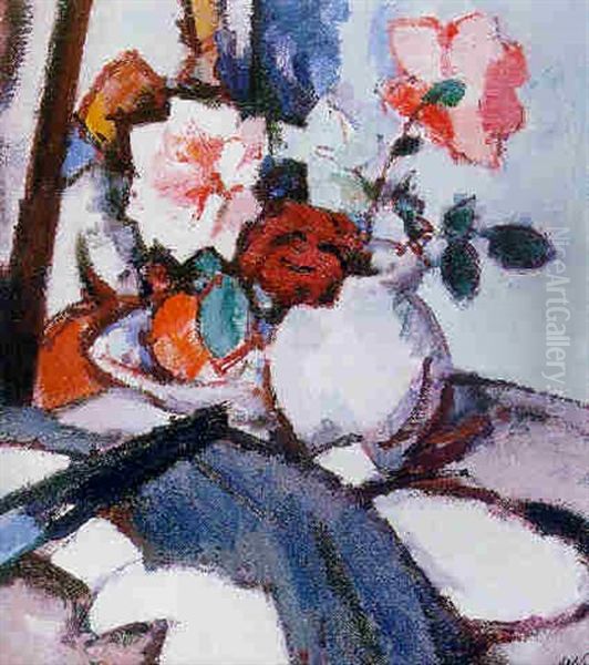 Roses In A Vase With A Black Fan And An Apple In A Bowl Oil Painting by Samuel John Peploe