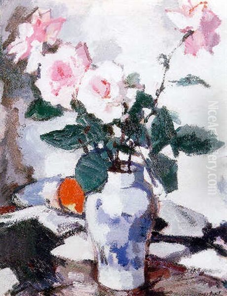 Pink Roses In A Blue And White Vase With A Black Fan And An Apple On A Draped Table Oil Painting by Samuel John Peploe