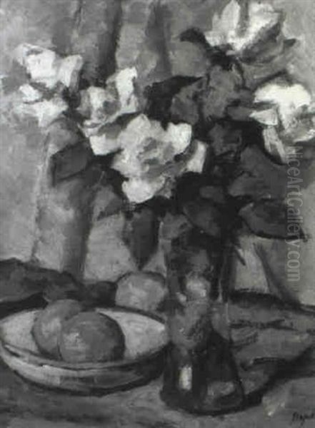 Still Life Of Roses In A Glass Vase With Fruit In A Dish Oil Painting by Samuel John Peploe