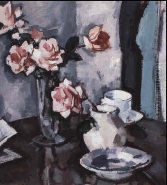 Roses In A Glass Vase [verso: Landscape       Sketch] Oil Painting by Samuel John Peploe