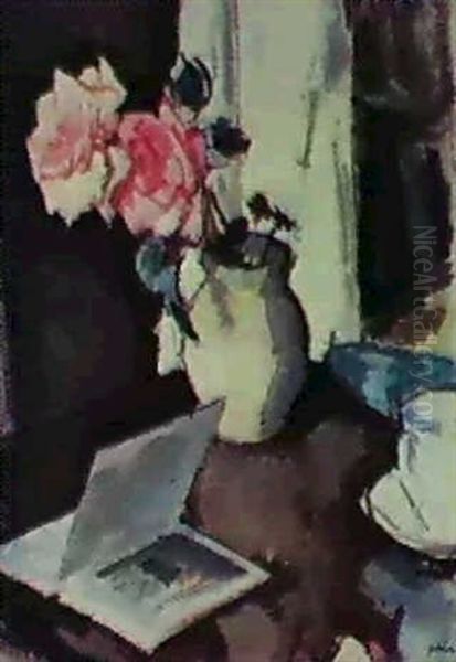 Pink Roses In A White Vase Oil Painting by Samuel John Peploe