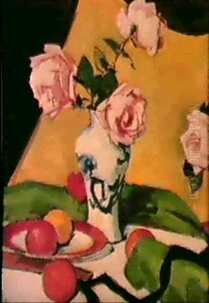 Still Life With Japanese Jar And Roses Oil Painting by Samuel John Peploe