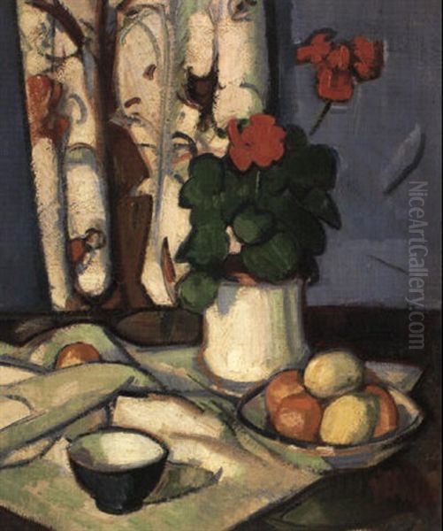 Red Geraniums In A White Vase With Apples And Lemons In A Fruit Bowl Oil Painting by Samuel John Peploe