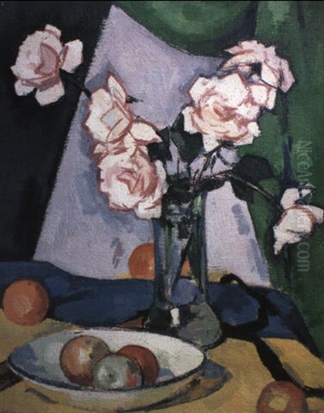 Pink Roses In A Glass Vase With Fruit In A Bowl Against A Green Drape Oil Painting by Samuel John Peploe