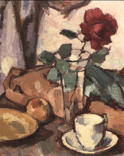 Crimson Rose In A Glass Vase With A Cup, Saucer And Apple On A Table Oil Painting by Samuel John Peploe