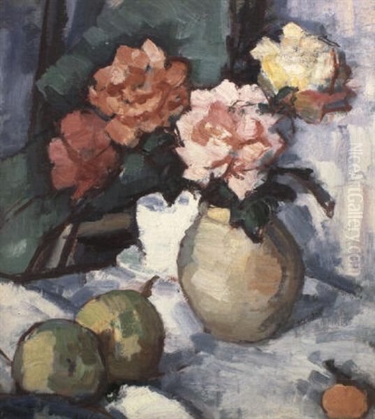 Mixed Roses In A Brown Vase With A Cup, Saucer And Apples Oil Painting by Samuel John Peploe