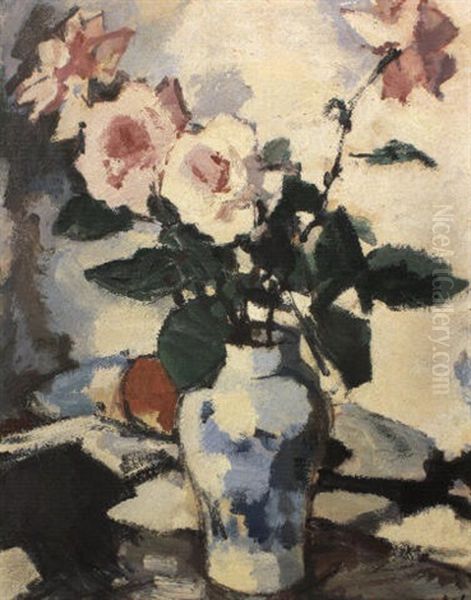 Pink Roses In A Blue And White Vase With A Fan And Apple Oil Painting by Samuel John Peploe