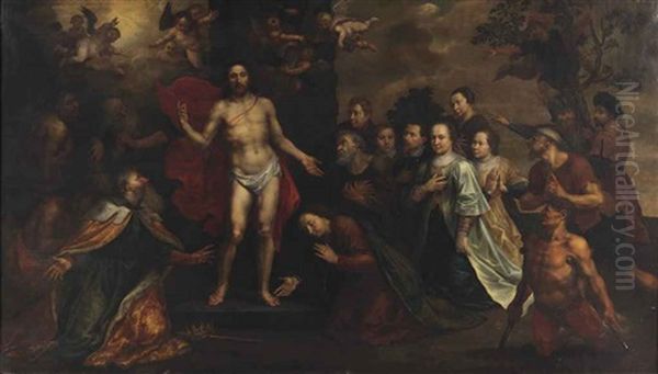 The Apparition Of Christ With Saint Peter, James, John, Mary Magdalene, Johanna And Zacheus, With A Family Portrait Oil Painting by Marten Pepyn