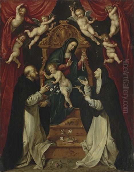 The Madonna And Child Enthroned With Saints Dominic And Catherine Of Siena And Angels by Marten Pepyn