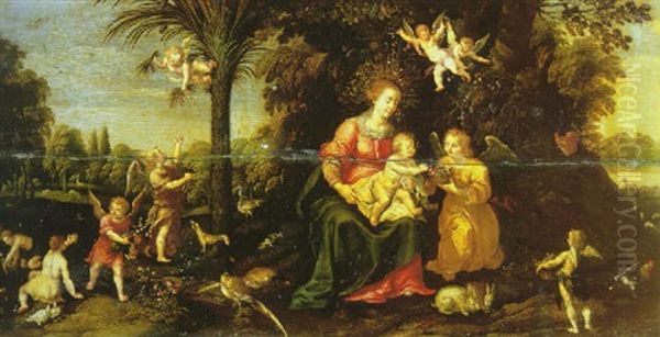 The Virgin And Child In A Paradise Landscape With Angels Gathering Flowers Oil Painting by Marten Pepyn