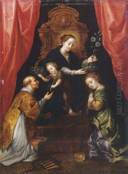 The Madonna And Child Enthroned, Adored By Saint Lawrence And Saint Martha Oil Painting by Marten Pepyn