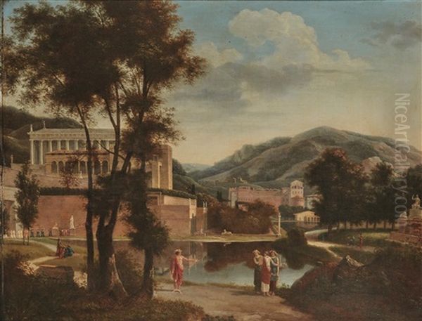 Palais Dans Un Paysage De Montagne Devant Des Architectures Classiques Oil Painting by Pierre Pequignot