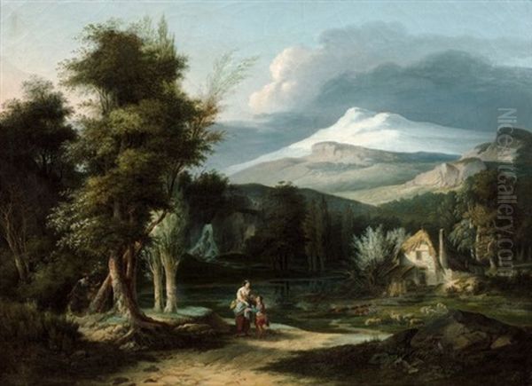 Bergers Pres D'un Lac Dans Un Paysage De Montagne Oil Painting by Pierre Pequignot