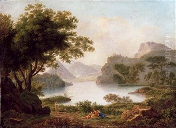 A River Landscape With A Pyramid, With Classical Figures On A Bank Oil Painting by Pierre Pequignot