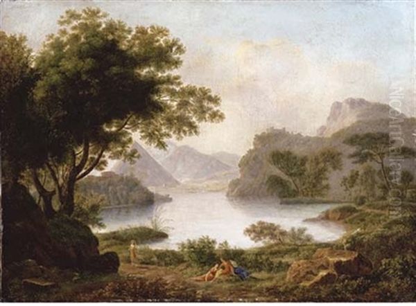 A River Landscape With A Pyramid, With Classical Figures On A Bank by Pierre Pequignot