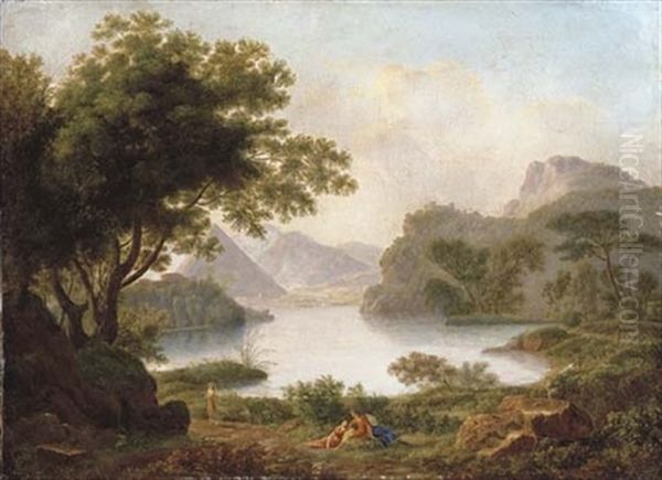 A River Landscape With A Pyramid, With Classical Figures On A Bank Oil Painting by Pierre Pequignot