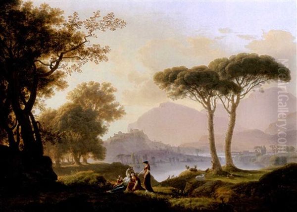 Morning And Evening: A Classical Landscape With Shepherds, An Acquaduct Beyond (+ A Classical Landscape With Shepherds And Nymphs By A Lake, A Hilltop Castle Beyond; Pair) Oil Painting by Pierre Pequignot