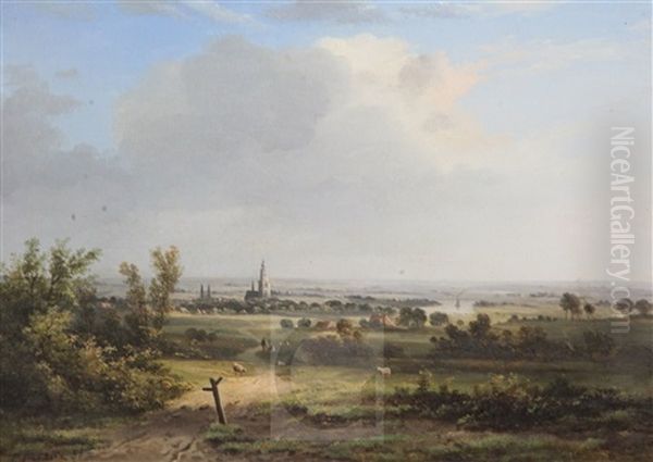 Open Landscape With Church And A Steamer Upon A River Oil Painting by Paul Emmanuel Peraire