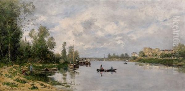 Bord De Seine A La Barque Oil Painting by Paul Emmanuel Peraire