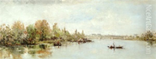 A View Of The Seine With Figures In Rowboats And A Bridge Oil Painting by Paul Emmanuel Peraire