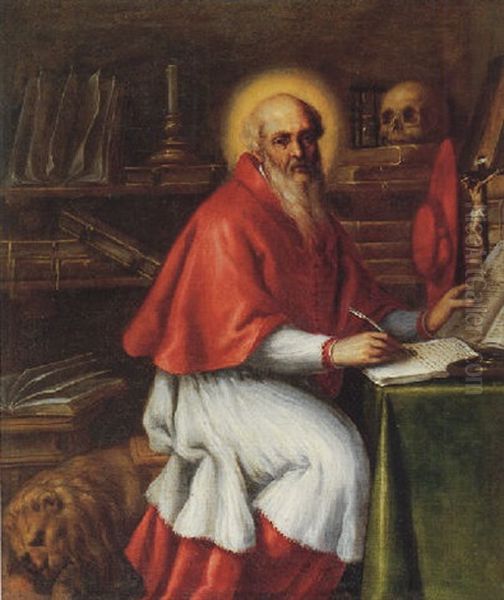 Saint Jerome In His Study Oil Painting by Santo Peranda