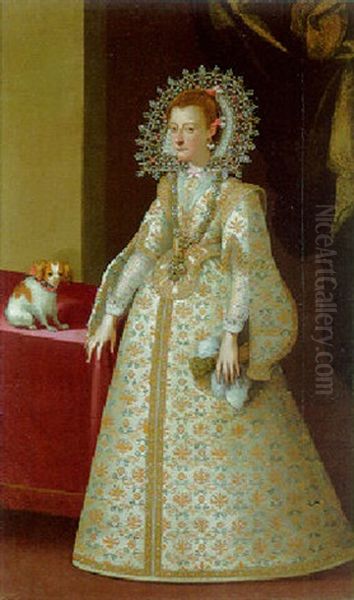 Portrait Of A Lady, Full Length, In A White And Gold Dress And Jewelled Collar Holding Gloves, Dog Nearby Oil Painting by Santo Peranda