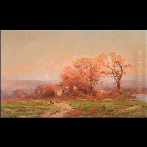 Untitled - Autumnal Sunset With Two Figures Oil Painting by Carl Von Perbandt