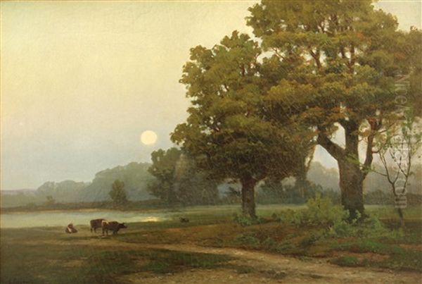 Cattle By A Pond At Sunset Oil Painting by Carl Von Perbandt