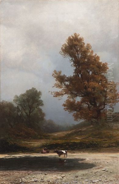 Cows Watering In A Landscape (california?) Oil Painting by Carl Von Perbandt