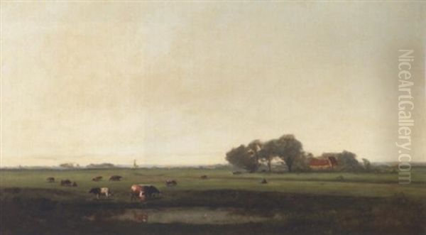 Cows Watering At A Pond In An Extensive Landscape Oil Painting by Carl Von Perbandt