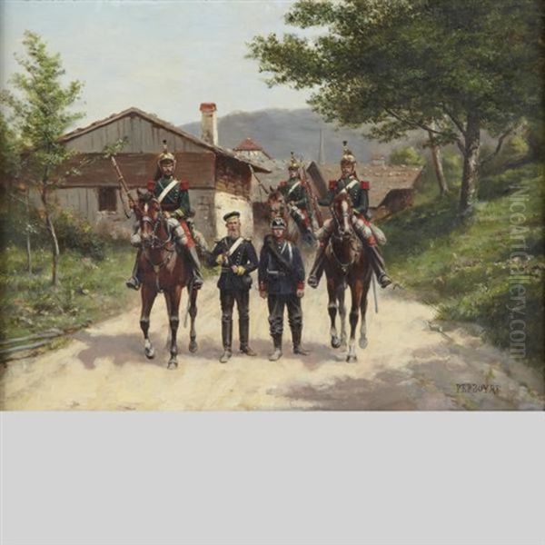 French Cuirassiers On Route Oil Painting by Paul Emile Leon Perboyre