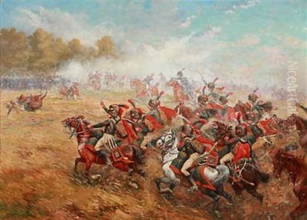 French Napoleonic Chasseurs A Cheval De La Garde Imperiale Attacking Oil Painting by Paul Emile Leon Perboyre