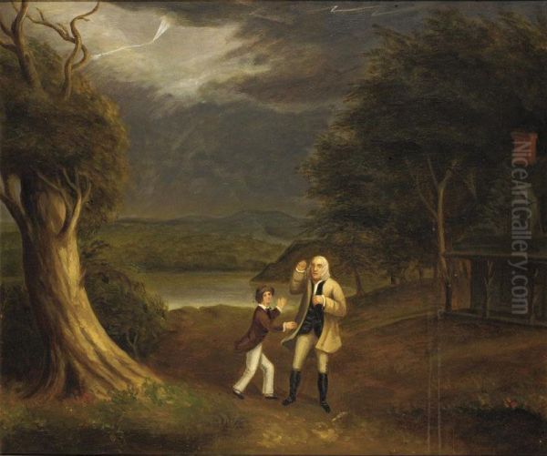 Benjamin Franklin And Boy Flying A Kite In A Landscape Oil Painting by John Samuel Blunt