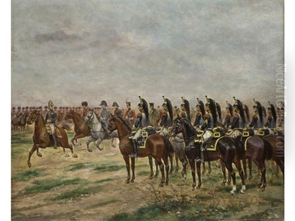 Spalier Der Franzosischen Kavallerie Beim Vorbeitritt Eines Generals Im Gefolge Von Hohem Militar Zu Pferde Oil Painting by Paul Emile Leon Perboyre