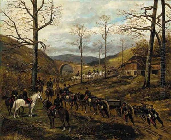 A Military Procession Towards Relonville, 1870 Oil Painting by Paul Emile Leon Perboyre