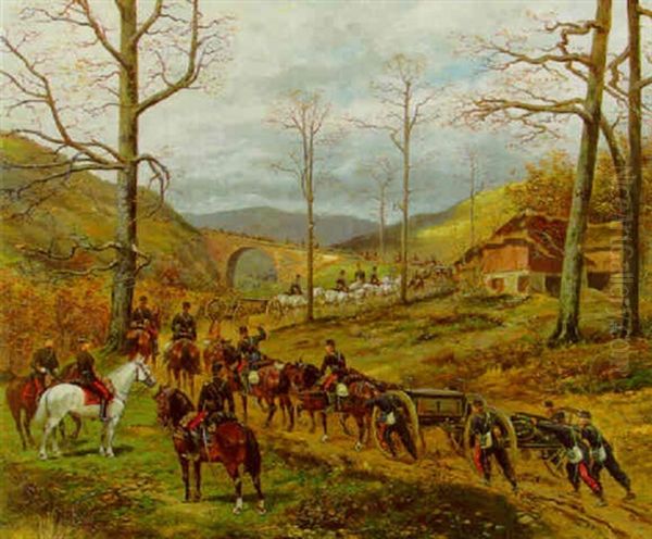 The 90th Battery Of Horse Artillery Moving Up To Rezonville, 1870 Oil Painting by Paul Emile Leon Perboyre