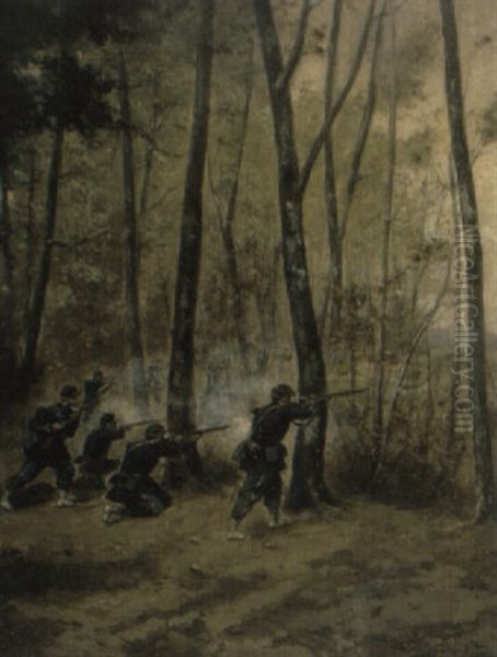 French Infantrymen Shooting In A Wood Oil Painting by Paul Emile Leon Perboyre