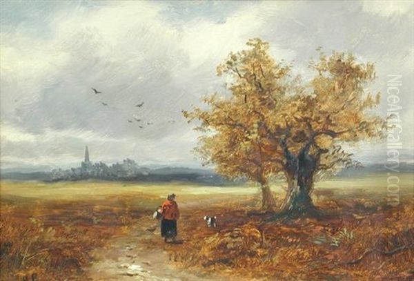 Woman On A Country Path With Her Dog, A Cathedral Town In The Background Oil Painting by Herbert Sidney Percy