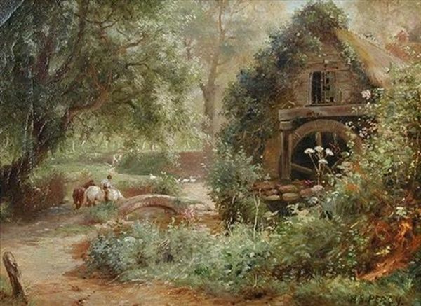 Carthorses Watering At A River By A Watermill by Herbert Sidney Percy