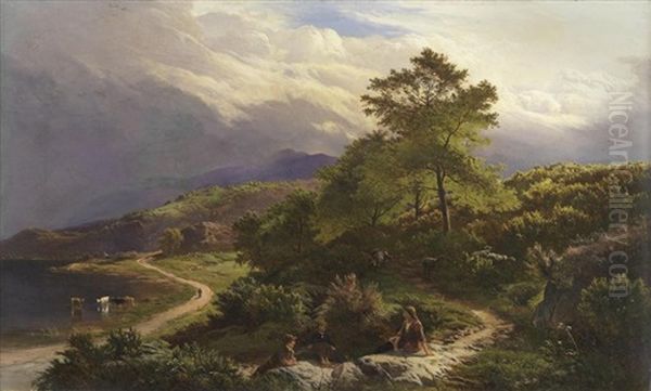 Figures Resting In A Mountain Landscape by Sidney Richard Percy