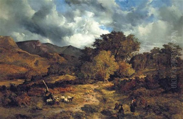 An Upland Landscape With Two Children Playing With A Dog Near A Small Flock Of Sheep Oil Painting by Sidney Richard Percy