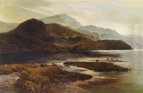 Cattle Watering In A Highland Landscape With A Figure Looking On Oil Painting by Sidney Richard Percy