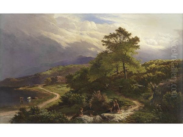 Figures Resting In A Mountain Landscape Oil Painting by Sidney Richard Percy